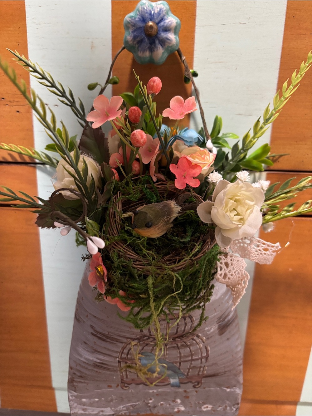 Hand Crafted Pink, White & Green Floral Bird Nest Wall Pocket